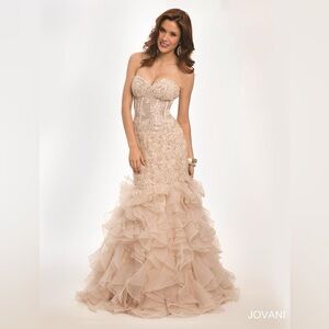 Jovani Strapless Ruffled Mermaid Gown in Champagne
